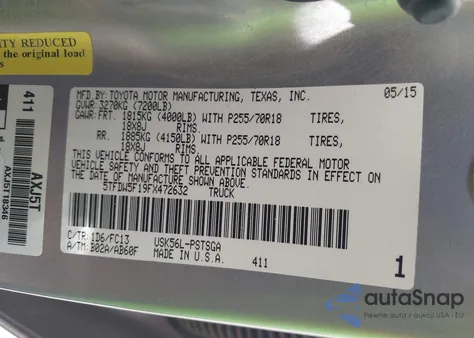 2015 Toyota Tundra Sr5 5.7L V8 from USA, damaged, VIN 5TFDW5F19FX472632